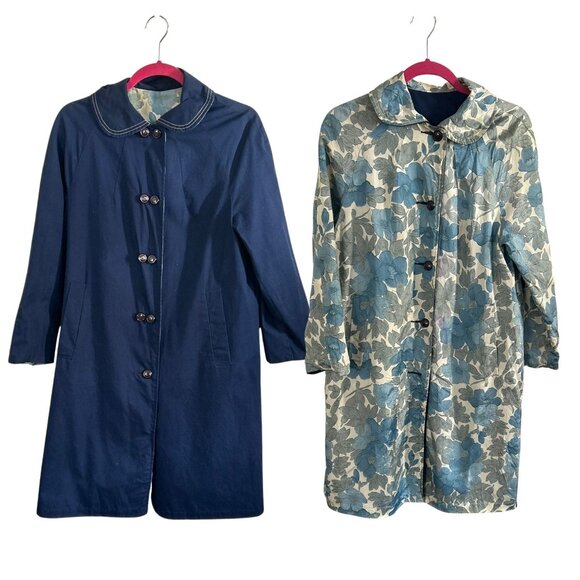 Vintage 1950s–60s Reversible Swing Coat – Peter Pan Collar, Navy, Floral, Size M - Picture 1 of 9